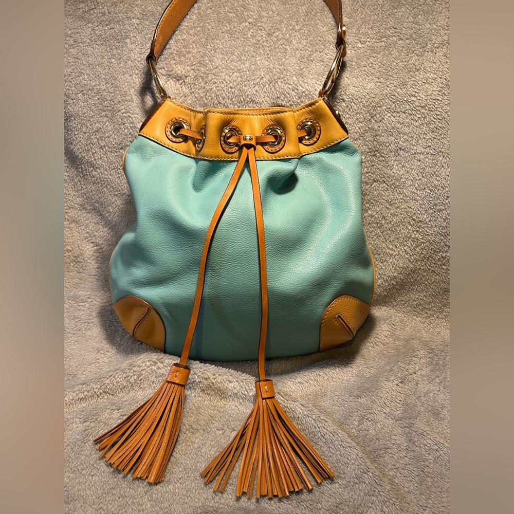 Michael Kors Griffin Drawstring Hobo Turquoise & Tan Leather - Picture 3 of 10
